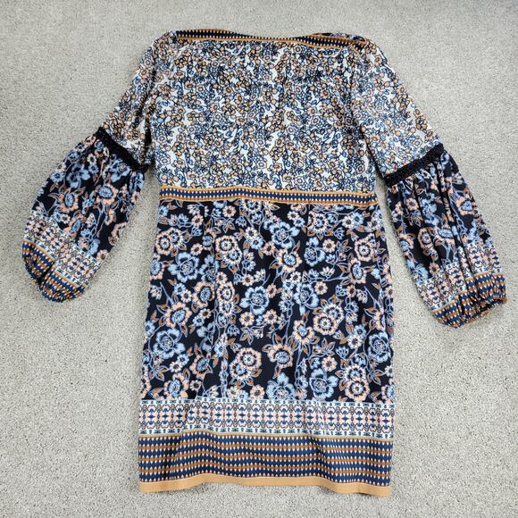 MSK Womens Dress Medium Blue Floral V-neck Baloon Sleeve Lace Trim Shift Midi - Picture 3 of 16